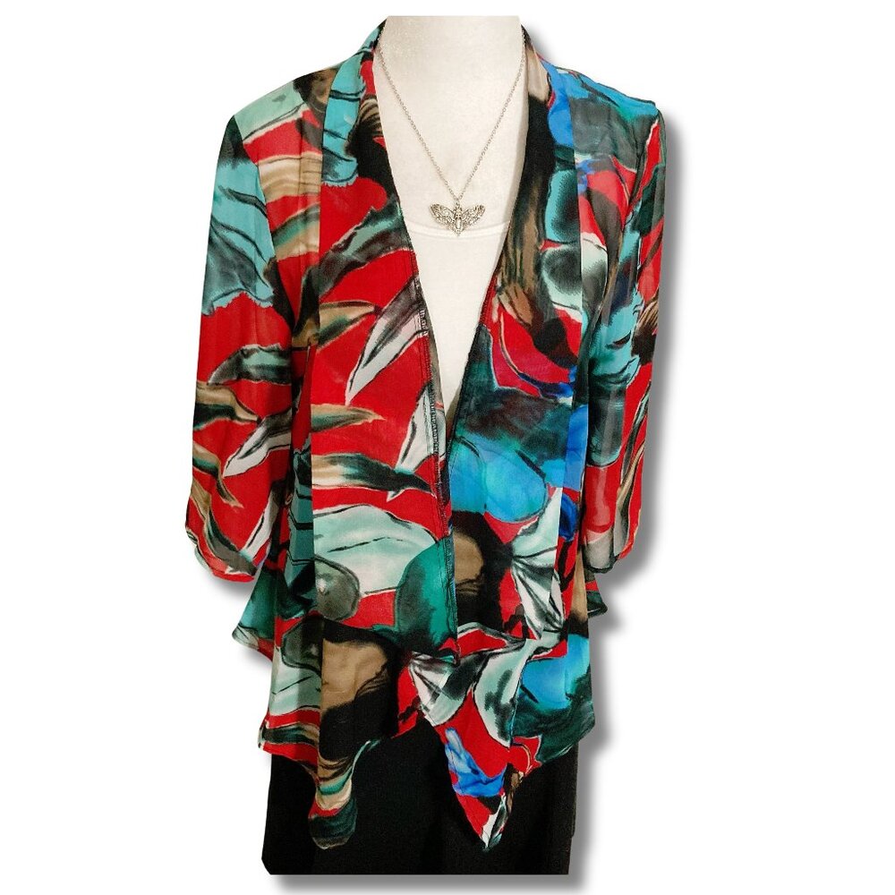 KAKTUS Red black white turquoise watercolour floral sheer cardigan ~ XS SMALL